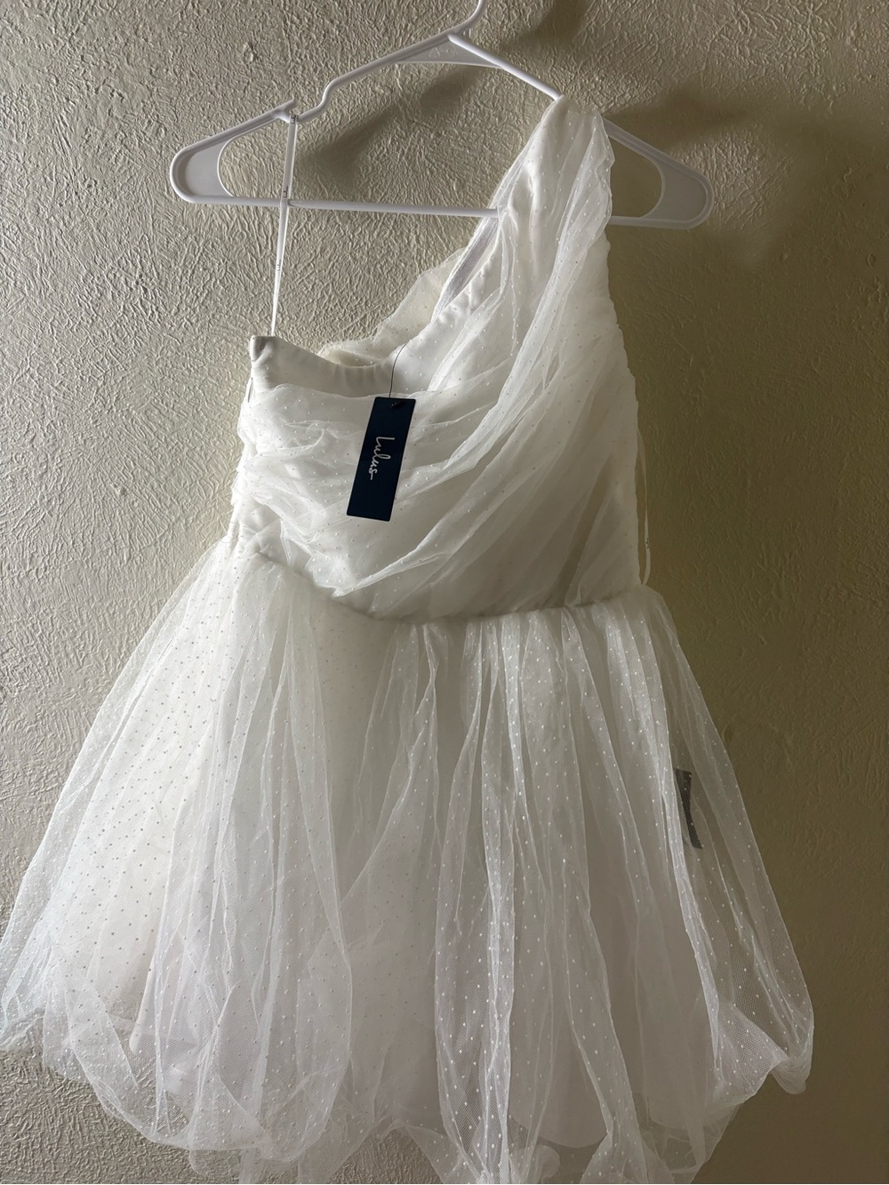 Lulu's White One-Shoulder Sparkle Tulle Mini Dress